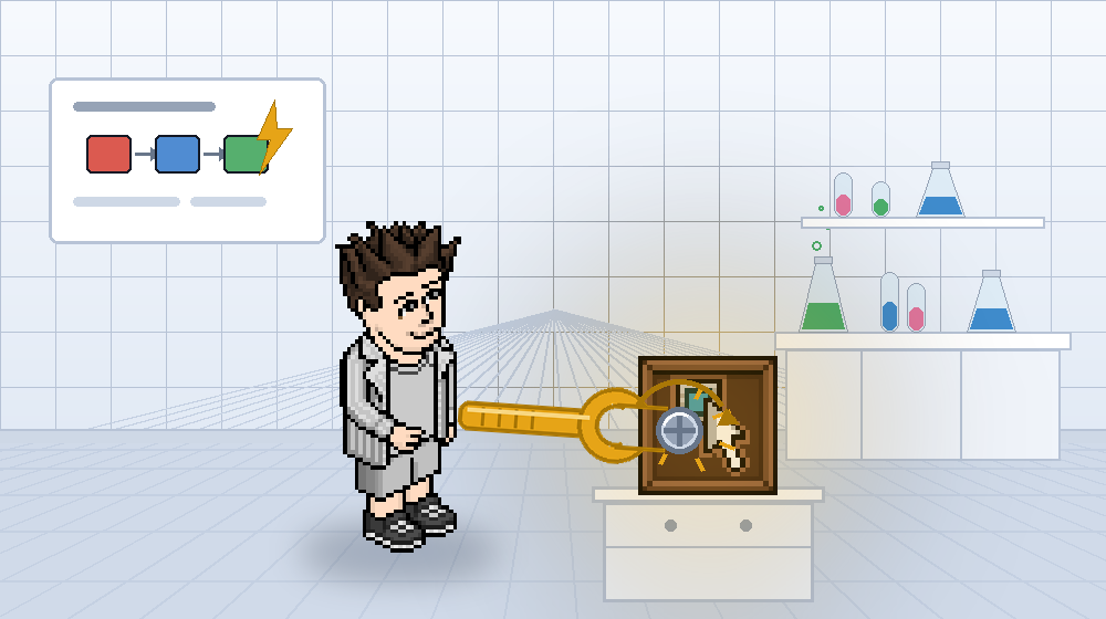 Frank, um Habbo de jaleco, aperta com uma chave dourada o parafuso de uma caixa de wired dentro de um laboratório, com um quadro explicando gatilho, condição e efeito.